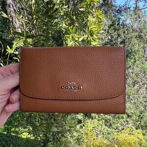 COACH Medium Brown Pebbled Leather Trifold Envelope Wallet Tan w Gold Hardware
